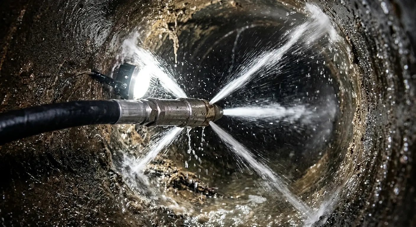 High-pressure hydro jetting nozzle cleaning sewer pipe for Emergency Drain Service in Tecumseh