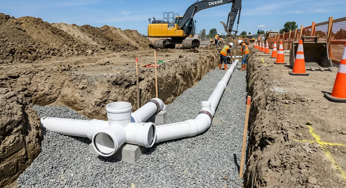 New PVC sewer pipe installation in open trench for Commercial Drain Cleaning in Tecumseh