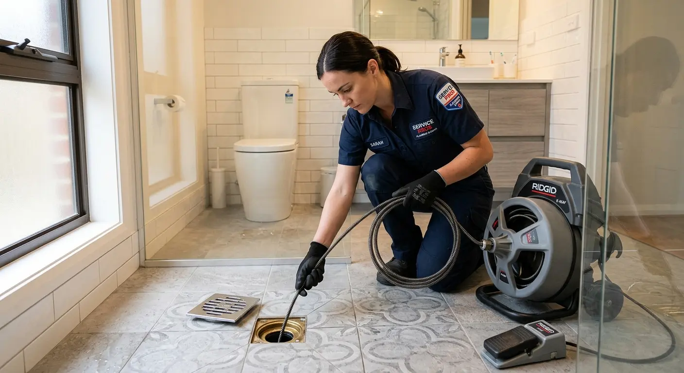 Technician clearing a bathroom floor drain for Clogged Drain Repair in Tecumseh